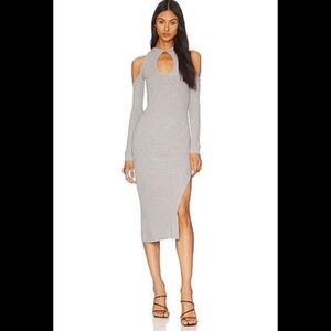 NEW MAJORELLE Lyra Midi Dress Off-Shoulder Boucle Knit Trim Heather Grey Size L
